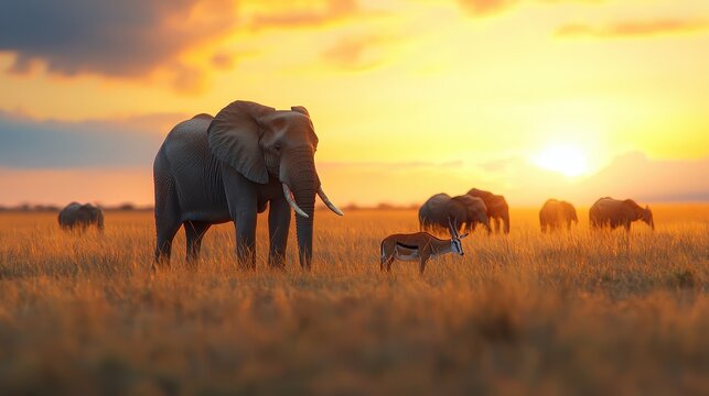 Savanna ecosystem with a herd of elephants antelopes and grasses representing the dynamic interactions of biotic components