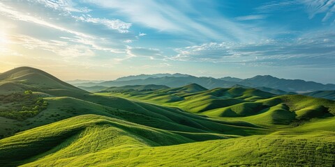 A captivating landscape showcasing a vast green hillside set against a backdrop of rugged hills and a vibrant blue sky
