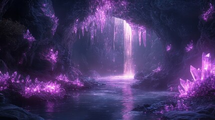 Mystical Crystal Cave with Glowing Waterfall and Purple Water