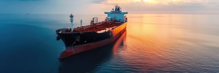 Oil tanker and cargo ship moored in a bay for petroleum chemical trade with signs of oil spill from an industrial vessel.