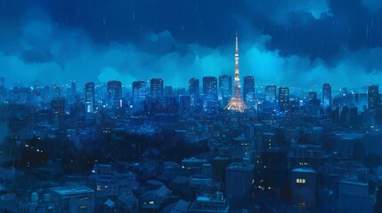 雨の夕暮れ、大都市の風景画16