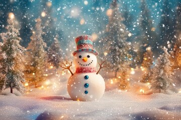 Happy Snowman In Winter Wonderland With Trees Lights And Falling Snow with generative ai
