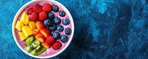 A vibrant smoothie bowl topped with fresh mango, strawberries, blueberries, raspberries, and kiwi on a textured blue background.