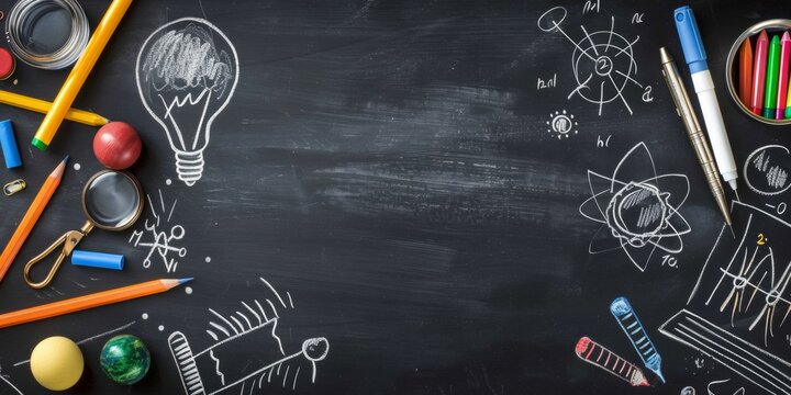 School chalkboard. Sketch background with school supplies and hand drawn pictures. Concept of education