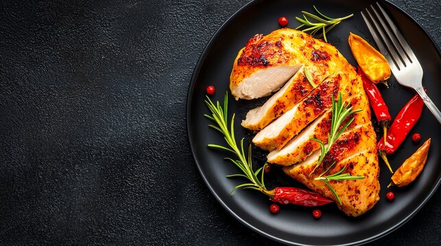 Grilled chicken breast with roasted vegetables on a black plate, garnished with rosemary and red chili, served with a fork on a dark background.