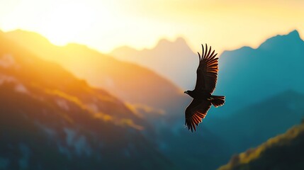 Majestic eagle soaring over mountain range at sunset, capturing the beauty of nature and freedom in a breathtaking landscape.