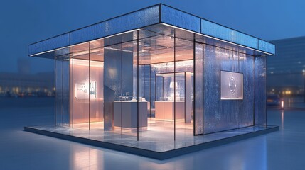 Modern Glass Pavilion with Illuminated Interior and City Lights