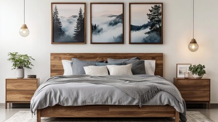 A cozy bedroom interior, wooden bed frame with gray bedding, two nightstands with table lamps, three framed landscape photos on the wall depicting trees and misty scenery, minimalist decor with a pott