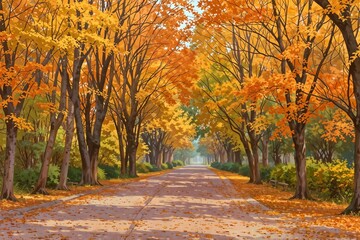 Scenic autumn pathway with vibrant orange and yellow trees, creating a picturesque fall landscape. Ideal for nature, travel, and seasonal themes. 