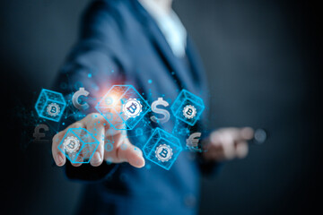 Businesswoman connecting to blockchain global networking, Token money bank bitcoin, cloud data network connect, cyber security binary coded, Blockchain technology concept.