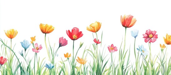 Fototapeta premium Watercolor illustration of flowers resting on grass against a white background Vibrant backdrop suitable for fabric wallpaper gift wrap and scrapbooking designs for children