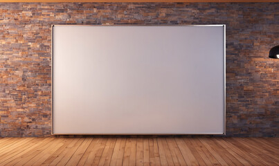 A large blank whiteboard hangs on a brick wall in a modern office space