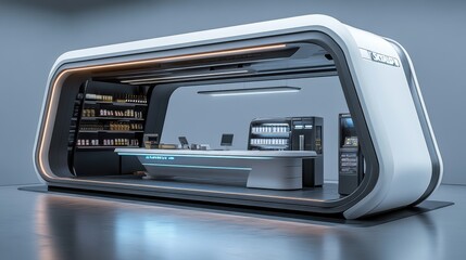 Futuristic Retail Kiosk Design with Illuminated Counter and Shelves