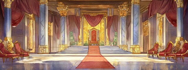 Fototapeta premium Watercolor illustration of a royal throne hall set in a palace environment