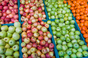 New harvest of fruits on the market, green and red apples and tangerine.