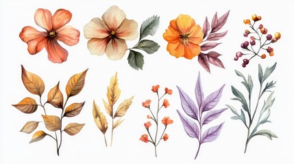 Watercolor illustration of flowers accompanied by leaves