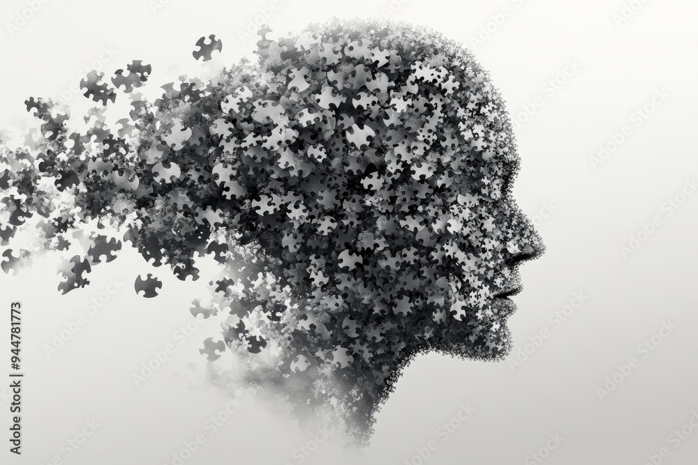 Canvas Prints Monochrome profile of a head dissolving into puzzle pieces symbolizing the fragmentation of thought memory loss and the delicate nature of human cognition