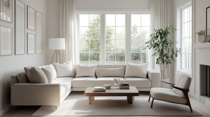 Modern Living Room with White Sectional Sofa and Wooden Coffee Table
