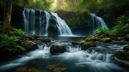 Enchanted waterfalls. Cascading water, lush surroundings, mystical atmosphere. Dramatic and enchanting landscape.