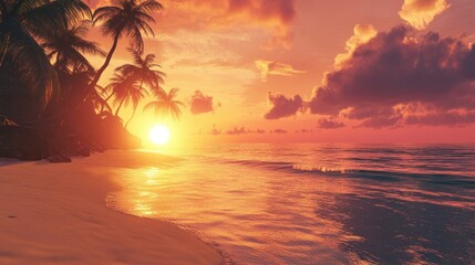 Palm Trees Silhouetted Against a Vibrant Sunset Over the Ocean