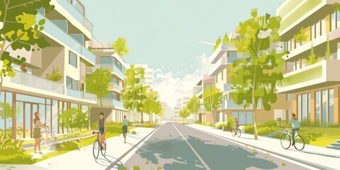 Drawing of street with sustainable urban design featuring eco-friendly elements, people on bicycle and modern buildings with green plants and trees