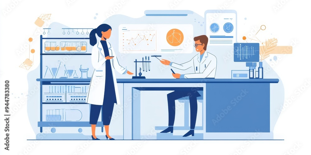Poster a professor and a student discussing research results in a university lab surrounded by scientific e
