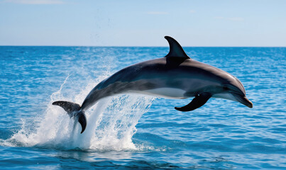 A dolphin leaps out of the water, creating a splash as it jumps on a sunny day