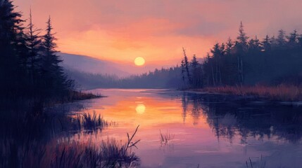 Fototapeta premium Silhouetted Trees by a Still Lake at Sunset