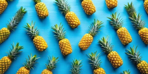 Fototapeta premium Vibrant blue background with scattered yellow pineapples , tropical, fruit, summer, vibrant, colorful, pattern