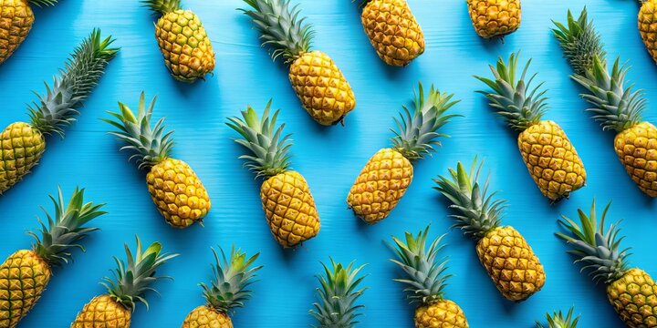 Vibrant blue background with scattered yellow pineapples , tropical, fruit, summer, vibrant, colorful, pattern