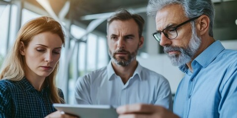 Obraz premium Three scientists in a close-up shot analyzing data from a wind farm on a tablet their serious expressions showing deep concentration on renewable energy