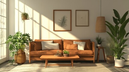 Modern Living Room with Brown Sofa, Wooden Coffee Table, and Plants