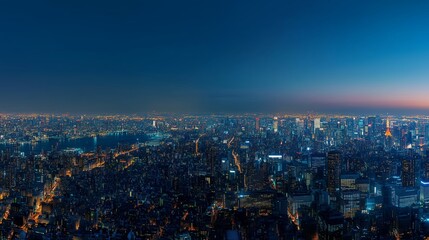 Obraz premium Stunning skyline view of a vibrant cityscape at twilight, showcasing numerous buildings and glowing lights around the harbor