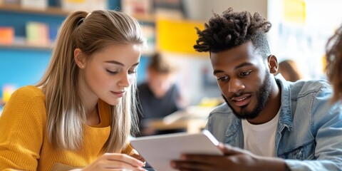A close-up of two teachers collaborating over a digital tablet in a modern school environment intense focus in their eyes as they review lesson plans