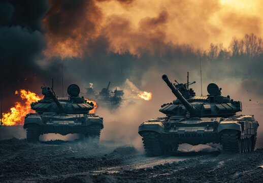 Military Tanks Driving Through a Smoky Battlefield