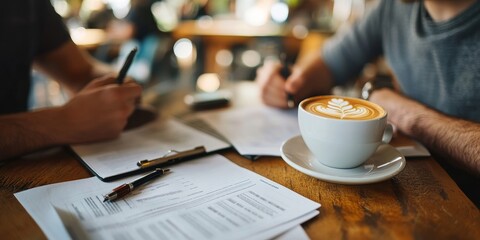 A couple planning their financial future over coffee, reviewing documents and making notes in a stylish, comfortable cafe setting