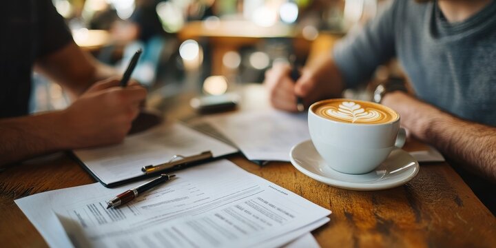 A couple planning their financial future over coffee, reviewing documents and making notes in a stylish, comfortable cafe setting
