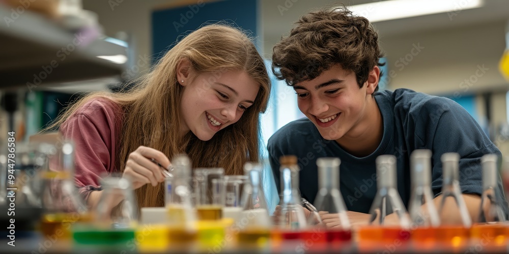 Aufkleber A pair of students collaborating on a science experiment in a school lab with beakers and test tubes on the table focused and hands-on learning