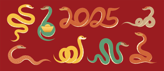 Beautiful snakes illustration set in different movements and colors on red background