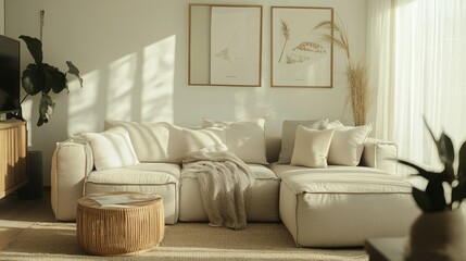 Modern Living Room with Beige Sectional Sofa, Wooden Coffee Table, and Sunlit Windows
