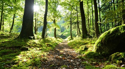 Obraz premium Sunlit Forest Path with Moss Covered Trees and Fallen Leaves