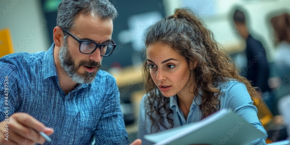 Poster A close-up of two teachers engaged in a deep conversation in a school office one pointing at a notebook with intense and focused expressions