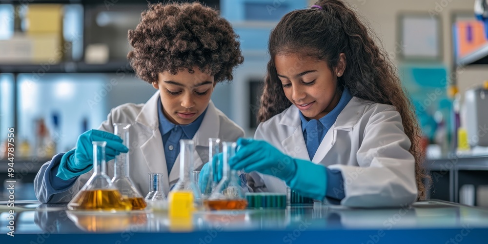 Aufkleber A pair of students collaborating on a science experiment in a school lab with beakers and test tubes on the table focused and hands-on learning