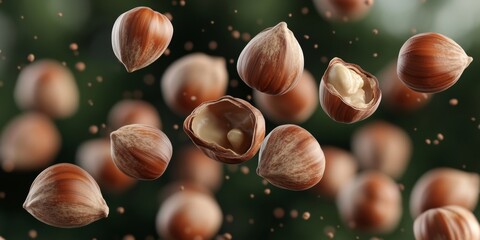 Dynamic Hazelnut Explosion: Creative Food Advertising Concept for Nutritious Snacking. Energetic Scatter of Nuts Symbolizing Seasonal Sales and Shopping Festivals. Minimalist Composition Promoting Hea