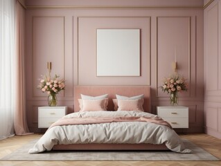 Pink and Gold Bedroom Interior with Bed, Nightstands, and Flowers