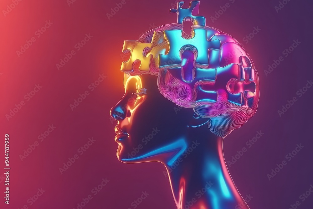 Sticker futuristic digital art of a human head with a puzzle brain symbolizing mental complexity problem sol