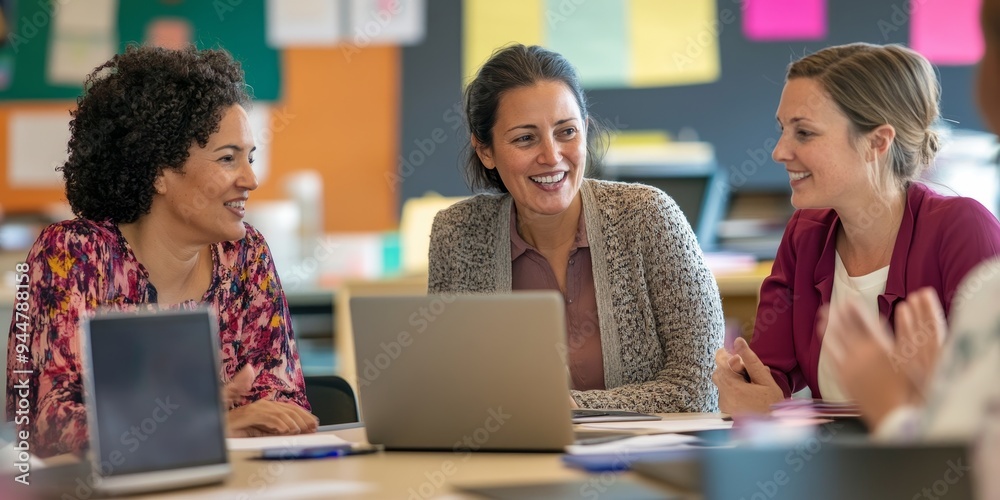 Aufkleber three teachers engaged in a workshop in a well-lit classroom with teaching materials and laptops aro