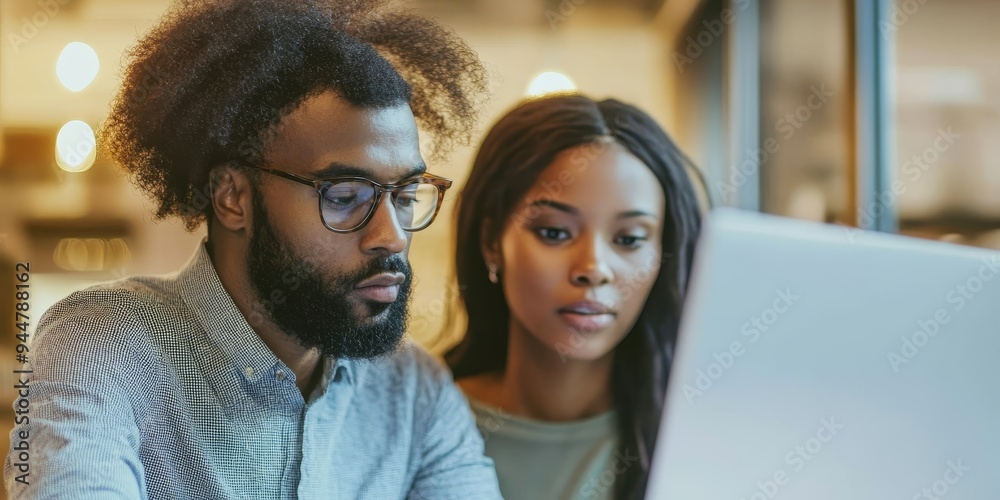Poster two teachers in a close-up image reviewing a digital presentation on a laptop in a brightly lit offi