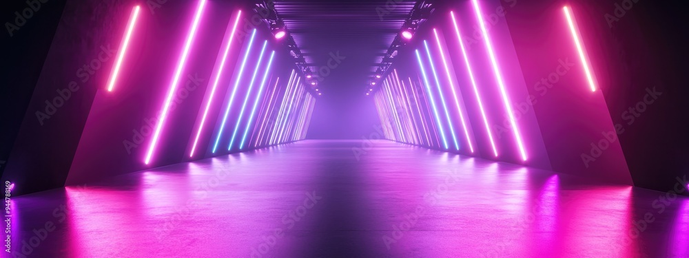 Poster 3d rendering of an abstract ultraviolet light tunnel featuring laser lines with a violet and pink gr