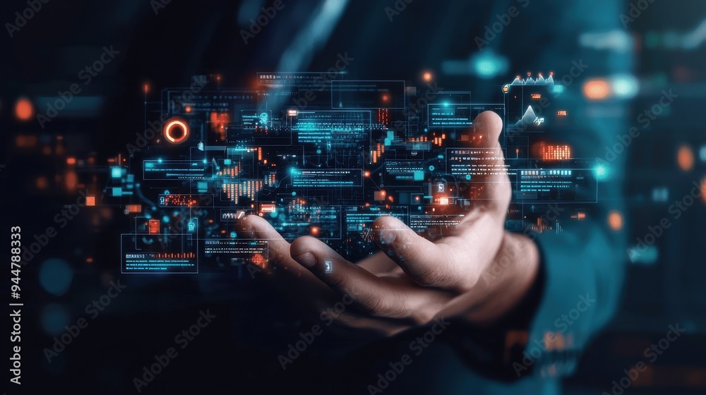 Wall mural digital interface hand holding holographic screen data visualization
